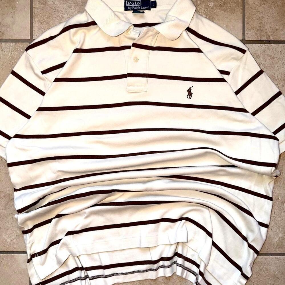 Polo by Ralph Lauren Cream and Brown Striped Short Sleeve Polo Shirt - Size L